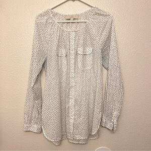 LOFT white semi sheer micro polka dot blouse preppy coastal summer top -M